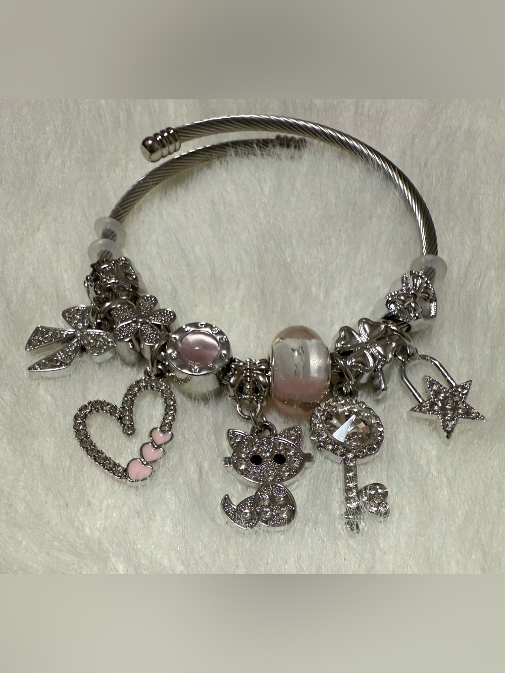 Stainless Steel Charm Bracelet with Pink Accents in Silver-tone - Picture 4 of 9